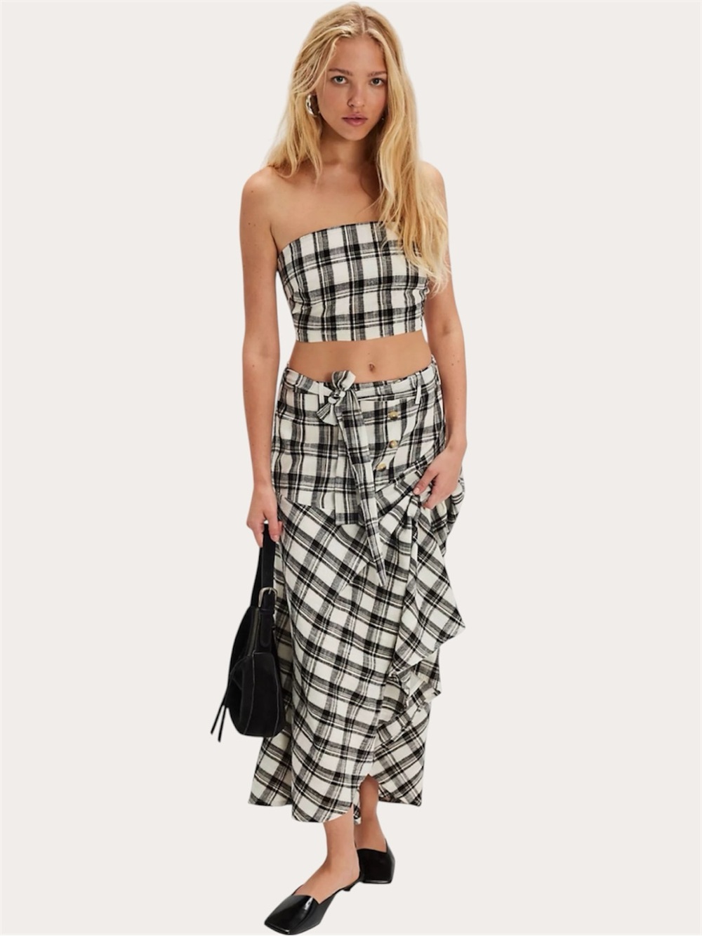 Free People After You Black and White Plaid Skirt and Top Set Size Small